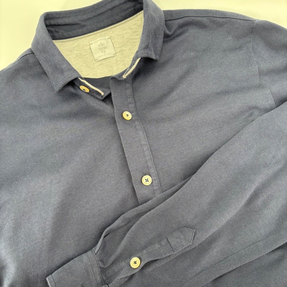 Eleventy Men Button Down Shirt S Navy Blue Long Sleeve Jersey Italian Old Money